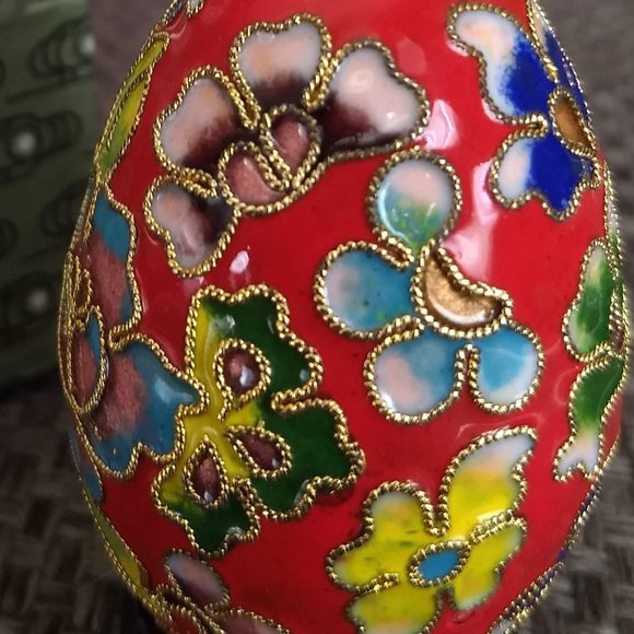 vintage 70s cloisonne metal enamel egg figurine with stand NWT - Picture 2 of 6